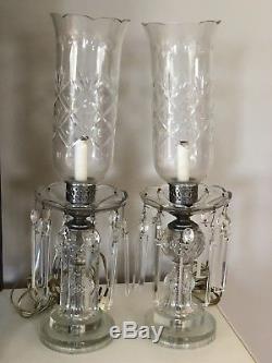 Vintage Pair Imported Lead Crystal Hand Cut Hurricane Lamps Glass Antique Prism