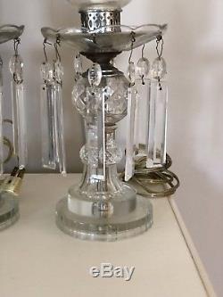 Vintage Pair Imported Lead Crystal Hand Cut Hurricane Lamps Glass Antique Prism