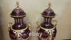 Vintage Pair Of Dark Red Italian Cut Crystal Vases With Gilt Bronze Mounts Rare