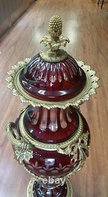 Vintage Pair Of Dark Red Italian Cut Crystal Vases With Gilt Bronze Mounts Rare