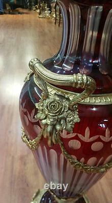 Vintage Pair Of Dark Red Italian Cut Crystal Vases With Gilt Bronze Mounts Rare