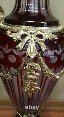 Vintage Pair Of Dark Red Italian Cut Crystal Vases With Gilt Bronze Mounts Rare