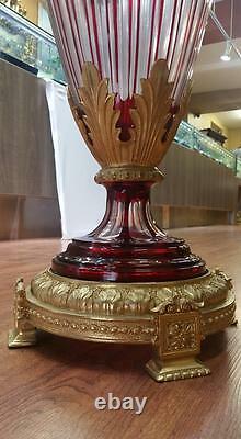 Vintage Pair Of Dark Red Italian Cut Crystal Vases With Gilt Bronze Mounts Rare