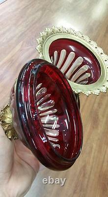 Vintage Pair Of Dark Red Italian Cut Crystal Vases With Gilt Bronze Mounts Rare