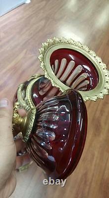 Vintage Pair Of Dark Red Italian Cut Crystal Vases With Gilt Bronze Mounts Rare