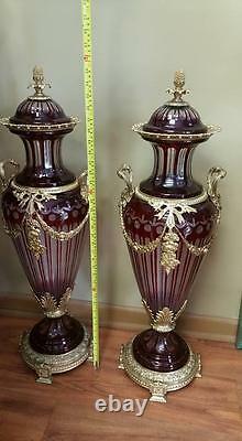 Vintage Pair Of Dark Red Italian Cut Crystal Vases With Gilt Bronze Mounts Rare