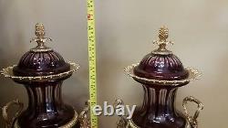 Vintage Pair Of Dark Red Italian Cut Crystal Vases With Gilt Bronze Mounts Rare