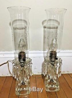 Vintage Pair Stunning Lead Crystal Hand Cut Hurricane Lamps Glass Antique Prism