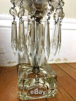 Vintage Pair Stunning Lead Crystal Hand Cut Hurricane Lamps Glass Antique P...