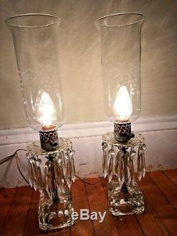 Vintage Pair Stunning Lead Crystal Hand Cut Hurricane Lamps Glass Antique Prism