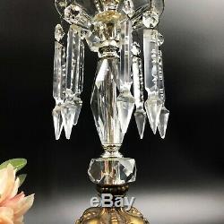 Vintage Pair Table Boudoir Hurricane Lamps Cut Glass Crystal Prism Made in Italy