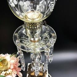 Vintage Pair Table Boudoir Hurricane Lamps Cut Glass Crystal Prism Made in Italy