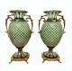 Vintage Pair of Large Green Italian Cut Crystal Gilded Ormolu Mounted Vases
