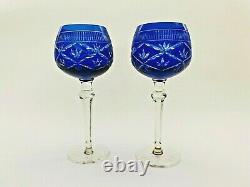 Vintage Pair of Moser Crystal Glass Wine Stems Etched Cut to Clear Cobalt Blue