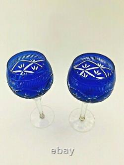 Vintage Pair of Moser Crystal Glass Wine Stems Etched Cut to Clear Cobalt Blue