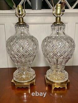 Vintage Pair of PAUL HANSON Mid-Century 31 Tall Cut Crystal & Brass Table Lamps