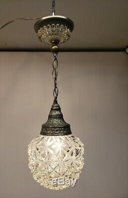 Vintage Pendant Light Hollywood Regency Crystal Cut Glass Globe Fixture Ceiling