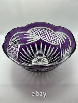Vintage Polish 24% Lead Crystal Amethyst Purple Hand Cut To Clear Scalloped Bowl