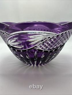 Vintage Polish 24% Lead Crystal Amethyst Purple Hand Cut To Clear Scalloped Bowl