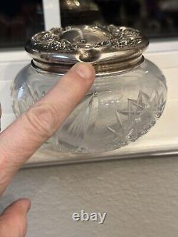 Vintage R, W &S #22 Pat. Sterling Lid Feb. 13 1900 Cut Crystal Glass Jar Powder
