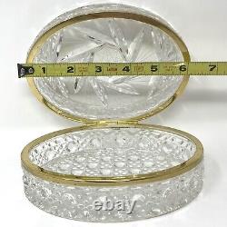 Vintage Rare Cut Crystal Glass Jewelry Oval Hinged Gold Rim Box Pinwheel Pattern