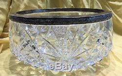 Vintage Russian Classic Large Cut Crystal and Silver Rim Serving Bowl, c. 1945