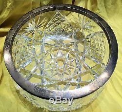Vintage Russian Classic Large Cut Crystal and Silver Rim Serving Bowl, c. 1945