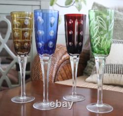 Vintage Set 4 Champagne Flutes Glasses Bohemian Czech Colored Cut Crystal 10