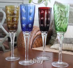 Vintage Set 4 Champagne Flutes Glasses Bohemian Czech Colored Cut Crystal 10