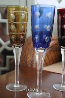 Vintage Set 4 Champagne Flutes Glasses Bohemian Czech Colored Cut Crystal 10