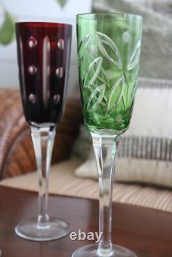 Vintage Set 4 Champagne Flutes Glasses Bohemian Czech Colored Cut Crystal 10
