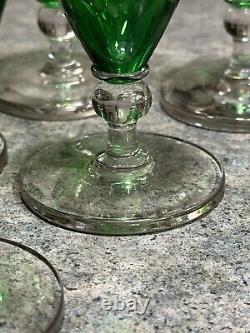 Vintage Set Of 6 Green Floral Crystal Cut Glass Wine Glasses 4.5
