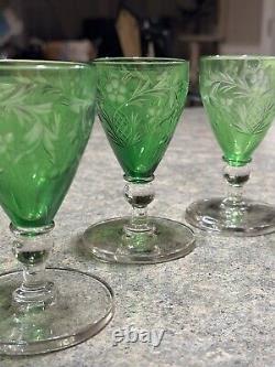 Vintage Set Of 6 Green Floral Crystal Cut Glass Wine Glasses 4.5