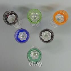 Vintage Set Of Six Bohemian Colour Flased & Cut Crystal Hock Glasses