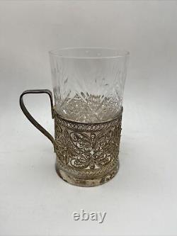 Vintage Set of 4 Russian European Cut Crystal Tea Glasses With Metal Glass Holders