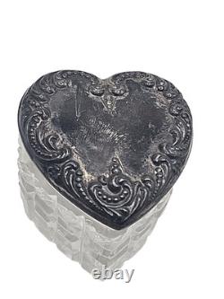 Vintage Sterling Heart Shaped Dresser Jar Cut Crystal Glass Bottom Collectible