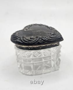 Vintage Sterling Heart Shaped Dresser Jar Cut Crystal Glass Bottom Collectible