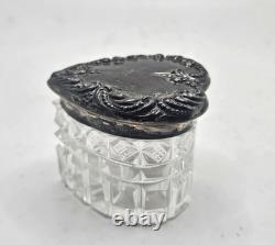 Vintage Sterling Heart Shaped Dresser Jar Cut Crystal Glass Bottom Collectible