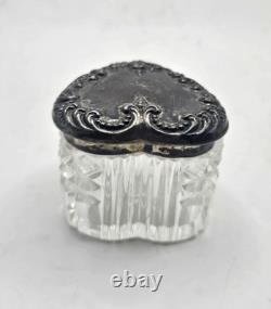 Vintage Sterling Heart Shaped Dresser Jar Cut Crystal Glass Bottom Collectible