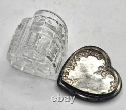 Vintage Sterling Heart Shaped Dresser Jar Cut Crystal Glass Bottom Collectible