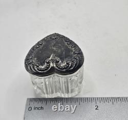 Vintage Sterling Heart Shaped Dresser Jar Cut Crystal Glass Bottom Collectible