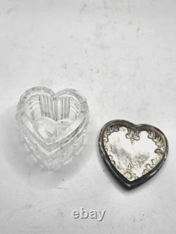 Vintage Sterling Heart Shaped Dresser Jar Cut Crystal Glass Bottom Collectible