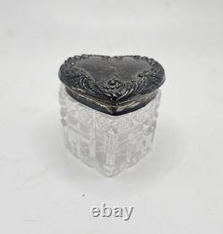 Vintage Sterling Heart Shaped Dresser Jar Cut Crystal Glass Bottom Collectible
