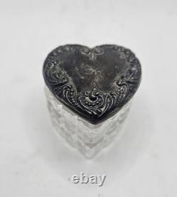 Vintage Sterling Heart Shaped Dresser Jar Cut Crystal Glass Bottom Collectible