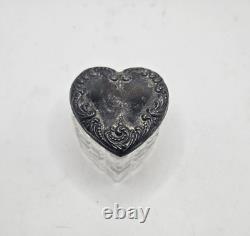 Vintage Sterling Heart Shaped Dresser Jar Cut Crystal Glass Bottom Collectible