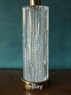 Vintage Waterford Cut Crystal Lamp Herringbone Design Cylinder Gold Base Signed