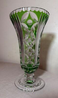 Vintage handmade green Czech cut to clear crystal glass tall ornate flower vase