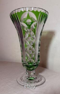 Vintage handmade green Czech cut to clear crystal glass tall ornate flower vase