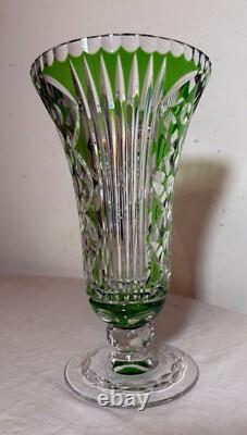 Vintage handmade green Czech cut to clear crystal glass tall ornate flower vase