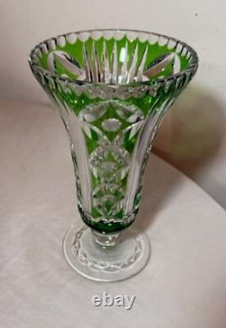 Vintage handmade green Czech cut to clear crystal glass tall ornate flower vase